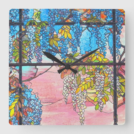 アールヌーボーのステンドグラスの藤によっては時計が開花します スクエア壁時計 (正面)