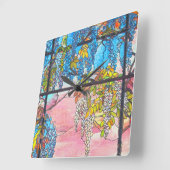 アールヌーボーのステンドグラスの藤によっては時計が開花します スクエア壁時計 (傾斜)