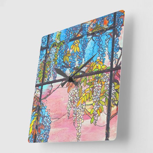 アールヌーボーのステンドグラスの藤によっては時計が開花します スクエア壁時計 (傾斜)