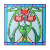 アールヌーボーのチューリップのステンドグラス タイル (正面)