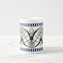 アールヌーボーのパステル調の貝、ユリ及び黒のストライプ ボーンチャイナマグカップ