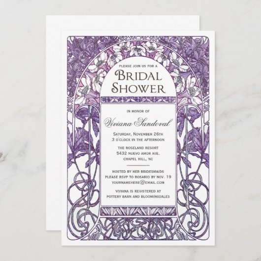 アールヌーボーのブライダルシャワーの招待状の紫色 招待状 (正面/裏面)