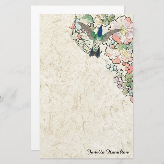 アールヌーボーのミュシャによってはハチドリの文房具が開花します 便箋 (正面/裏面)