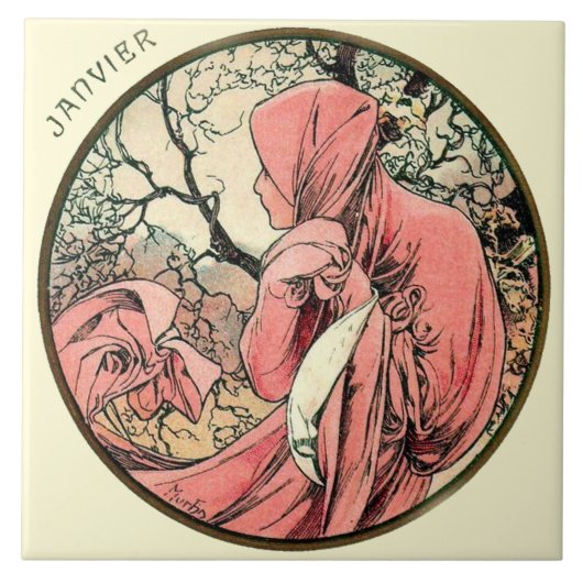 アールヌーボーのミュシャのカレンダー1月 タイル (正面)