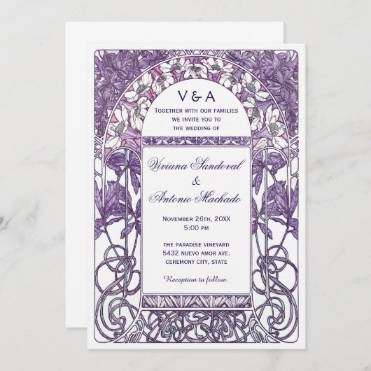 アールヌーボーのヴィンテージの結婚式招待状VIの紫色 招待状 (正面/裏面)