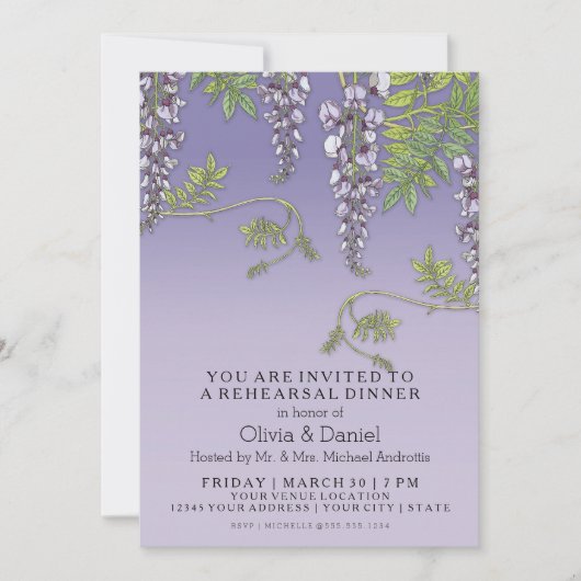 アールヌーボーのヴィンテージの藤の花柄のリハーサル 招待状 (正面)