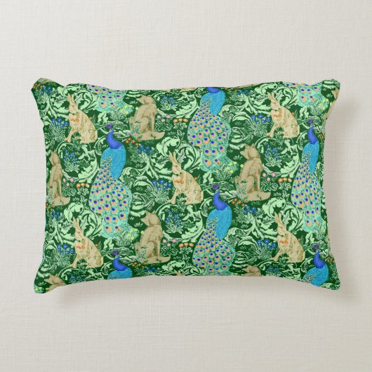 アールヌーボーの孔雀のプリント、コバルトブルー及び緑 アクセントクッション (正面)