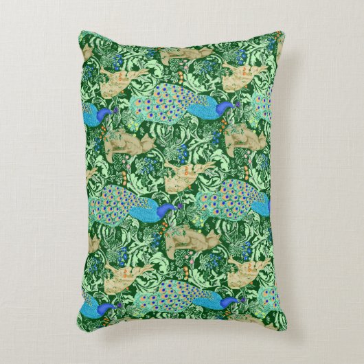 アールヌーボーの孔雀のプリント、コバルトブルー及び緑 アクセントクッション (正面(垂直))