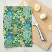アールヌーボーの孔雀のプリント、コバルトブルー及び緑 キッチンタオル (四つ折り)