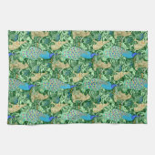 アールヌーボーの孔雀のプリント、コバルトブルー及び緑 キッチンタオル (横)