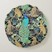 アールヌーボーの孔雀のプリント、ターコイズ及びニュートラル ラウンドクッション (裏面)