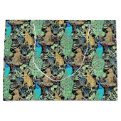 アールヌーボーの孔雀のプリント、ターコイズ及びニュートラル ラージペーパーバッグ (正面)