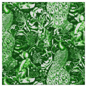 アールヌーボーの孔雀のプリント、深緑色 ファブリック (クローズアップ)