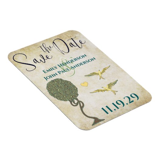 アールヌーボーの木の鳥の木目の日付を保存 マグネット (右側)