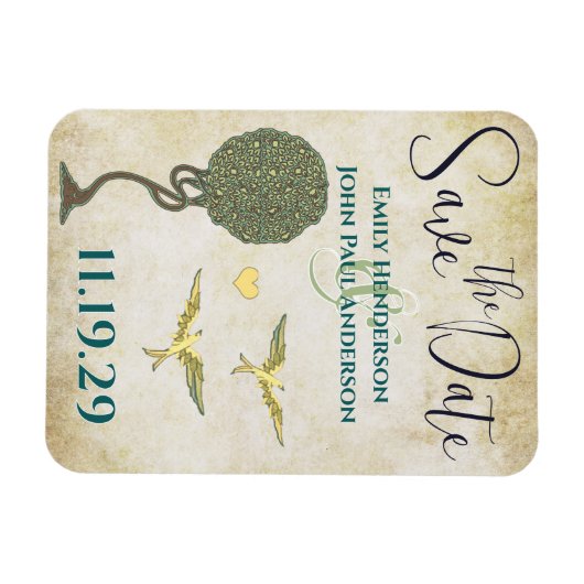 アールヌーボーの木の鳥の木目の日付を保存 マグネット (横)