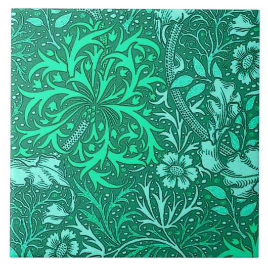アールヌーボーの海藻花柄、ターコイズおよび水 タイル (正面)