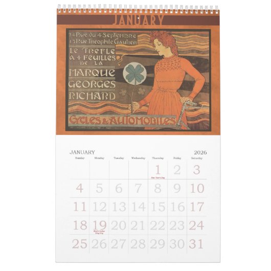 アールヌーボーの自転車のカレンダーの2014年のヴィンテージ カレンダー (1月 2026)