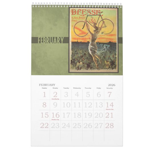 アールヌーボーの自転車のカレンダーの2014年のヴィンテージ カレンダー (2月 2026)