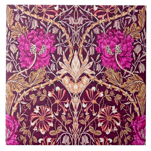 アールヌーボーの花柄、プラム、ベージュおよび濃紫色 タイル (正面)