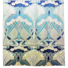 アールヌーボーの銀、緑、ベージュ色、シックな自然色 シャワーカーテン