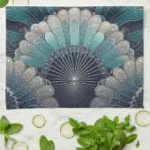 アールヌーボーの青と銀のファン キッチンタオル (折り畳み)