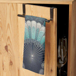 アールヌーボーの青と銀のファン キッチンタオル