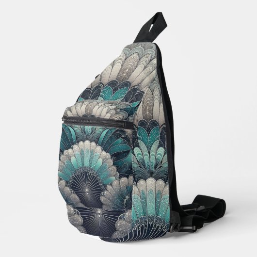 アールヌーボーの青と銀のファン スリングバッグ (右コーナー)