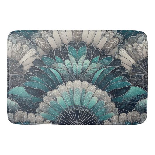 アールヌーボーの青と銀のファン バスマット (正面)