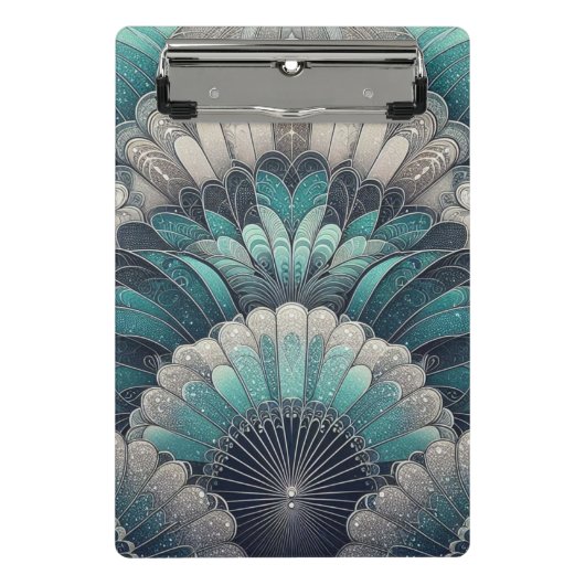 アールヌーボーの青と銀のファン ミニクリップボード (正面)