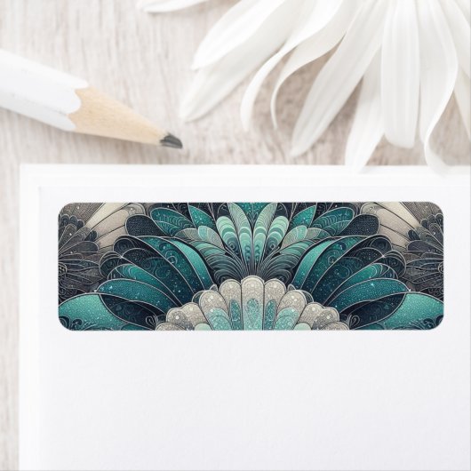 アールヌーボーの青と銀のファン ラベル (インサイチュ)