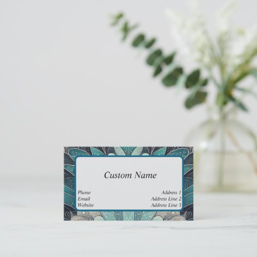 アールヌーボーの青と銀のファン 名刺 (スタンド正面)