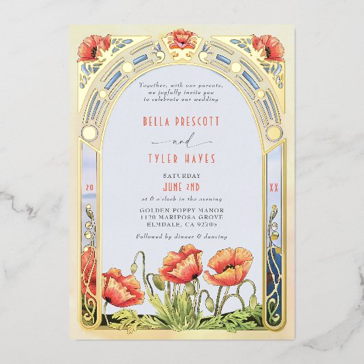 アールヌーボーはっきりしたブライトポピー結婚ズワイルドフラワー 箔招待状 (正面)