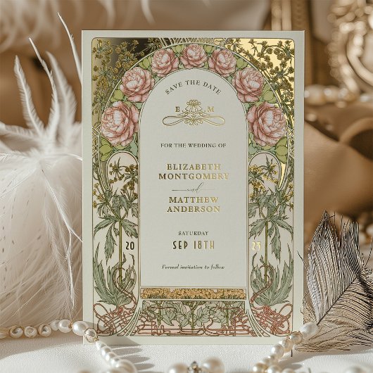 アールヌーボーは日付の金結婚箔を保存 箔招待状