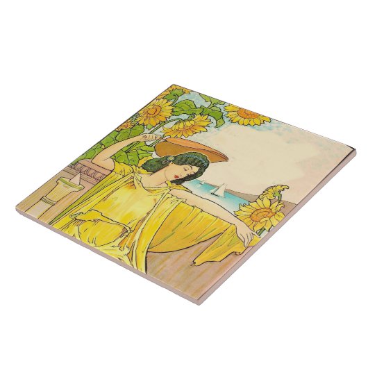 アールヌーボーひまわりの女性 タイル (側面)