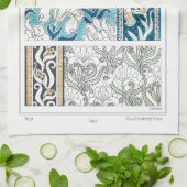 アールヌーボーアイリスリーフローラテキスタイルアートブルー キッチンタオル (折り畳み)