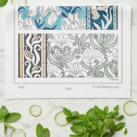 アールヌーボーアイリスリーフローラテキスタイルアートブルー キッチンタオル (折り畳み)