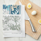 アールヌーボーアイリスリーフローラテキスタイルアートブルー キッチンタオル (四つ折り)