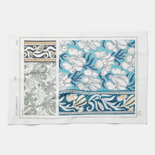 アールヌーボーアイリスリーフローラテキスタイルアートブルー キッチンタオル (横)