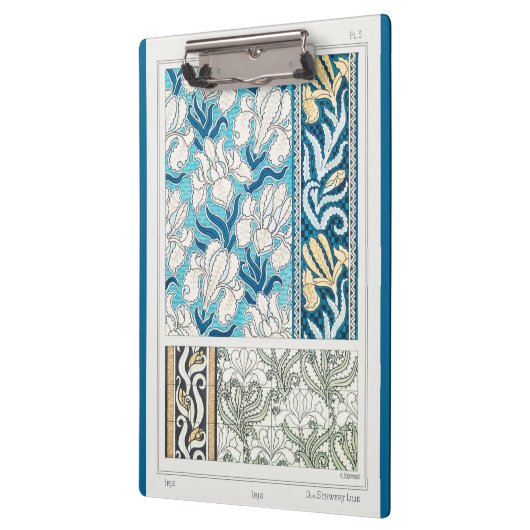 アールヌーボーアイリスリーフローラテキスタイルアートブルー クリップボード (左)