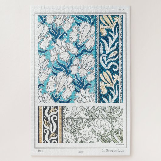 アールヌーボーアイリスリーフローラ織物芸術 ジグソーパズル (縦)
