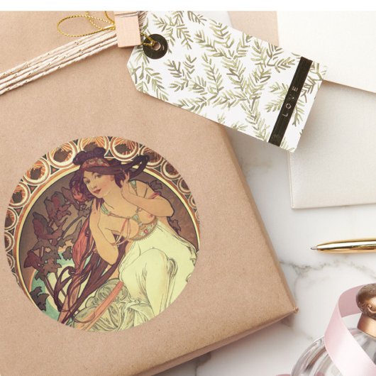 アールヌーボーアルフォンスミュシャエレガントヴィンテージ女性 ラウンドシール