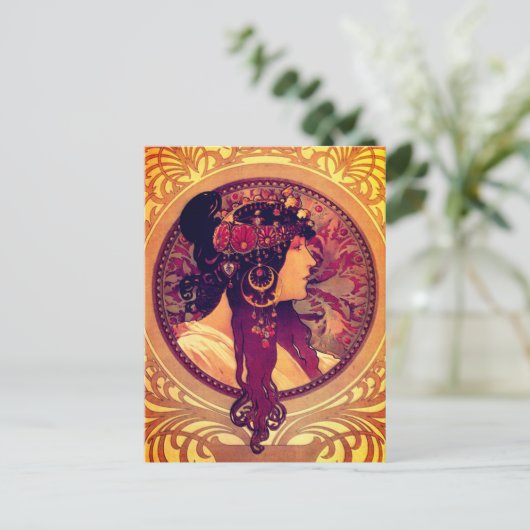 アールヌーボーアルフォンスミュシャドナエレガント女性 ポストカード (スタンド正面)