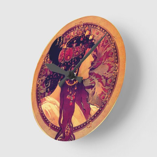 アールヌーボーアルフォンスミュシャドナエレガント女性 ラウンド壁時計 (傾斜)