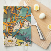 アールヌーボーアルフォンスミュシャフラワーポンドラゴンフライ キッチンタオル (四つ折り)