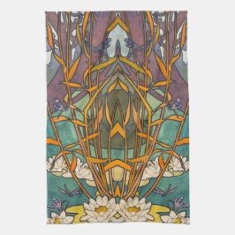 アールヌーボーアルフォンスミュシャフラワーポンドラゴンフライ キッチンタオル