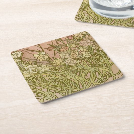 アールヌーボーアルフォンスミュシャフローラカーネーション花 スクエアペーパーコースター (アングル)