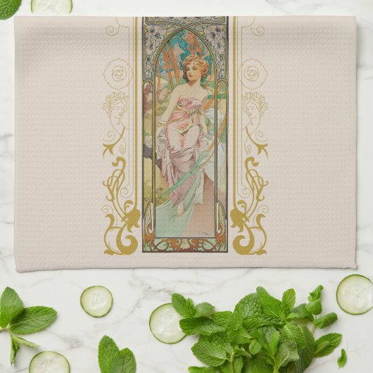 アールヌーボーアルフォンスミュシャモーニングアウェイクニング キッチンタオル (折り畳み)