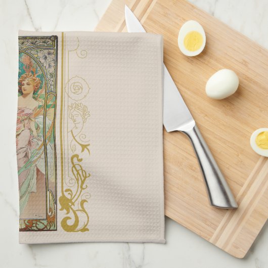 アールヌーボーアルフォンスミュシャモーニングアウェイクニング キッチンタオル (四つ折り)