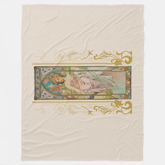 アールヌーボーアルフォンスミュシャモーニングアウェイクニング フリースブランケット (正面)