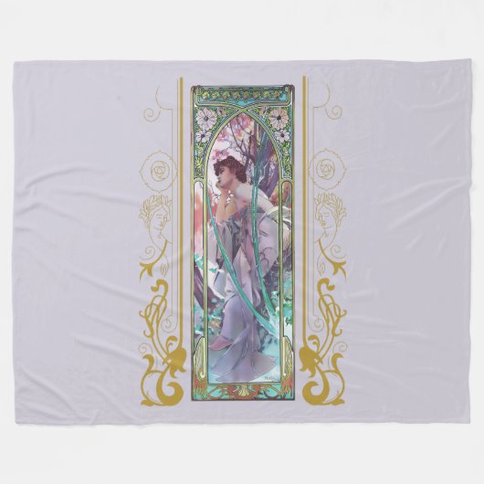 アールヌーボーアルフォンスミュシャ夕べ熟考 フリースブランケット (正面(横))